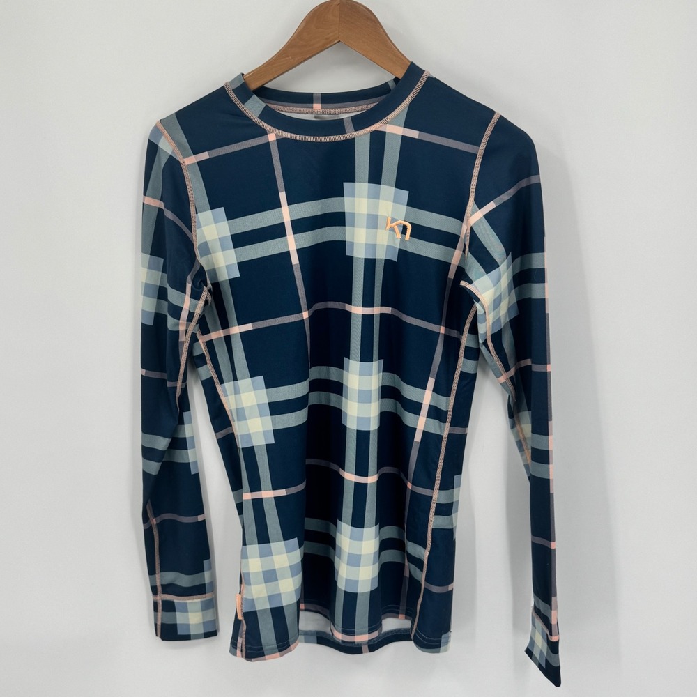 Kari Traa Geometric Baselayer Top Blue Pink Yellow Plaid Long Sleeve Slim Fit M